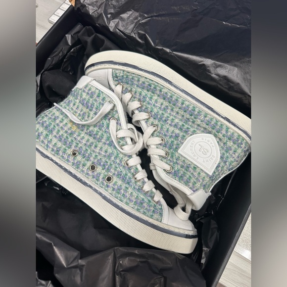 BNIB - Saint Laurent Bedford Tweed & Leather Turquoise Mid Top Sneakers - Size 7 - Picture 4 of 12
